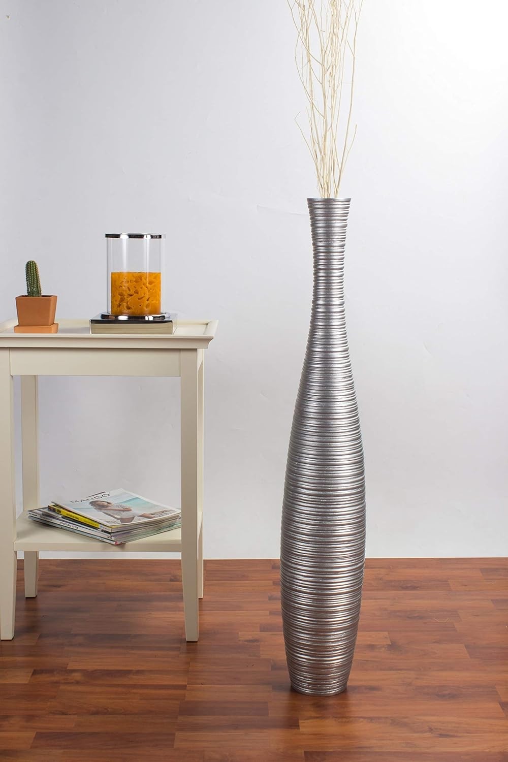 Large Silver Floor Vase 85cm Tall Wooden Decor for Pampas Grass