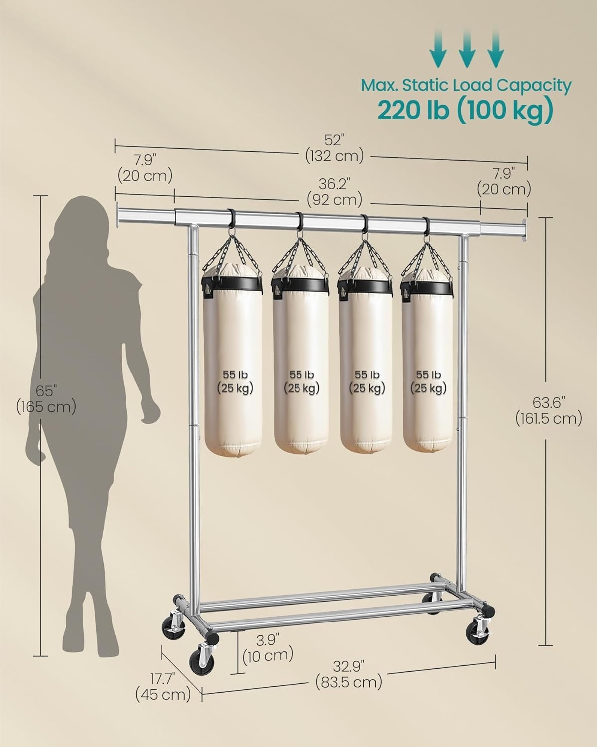 Heavy Duty Clothes Rack 100KG Extendable Rail Silver Wheels