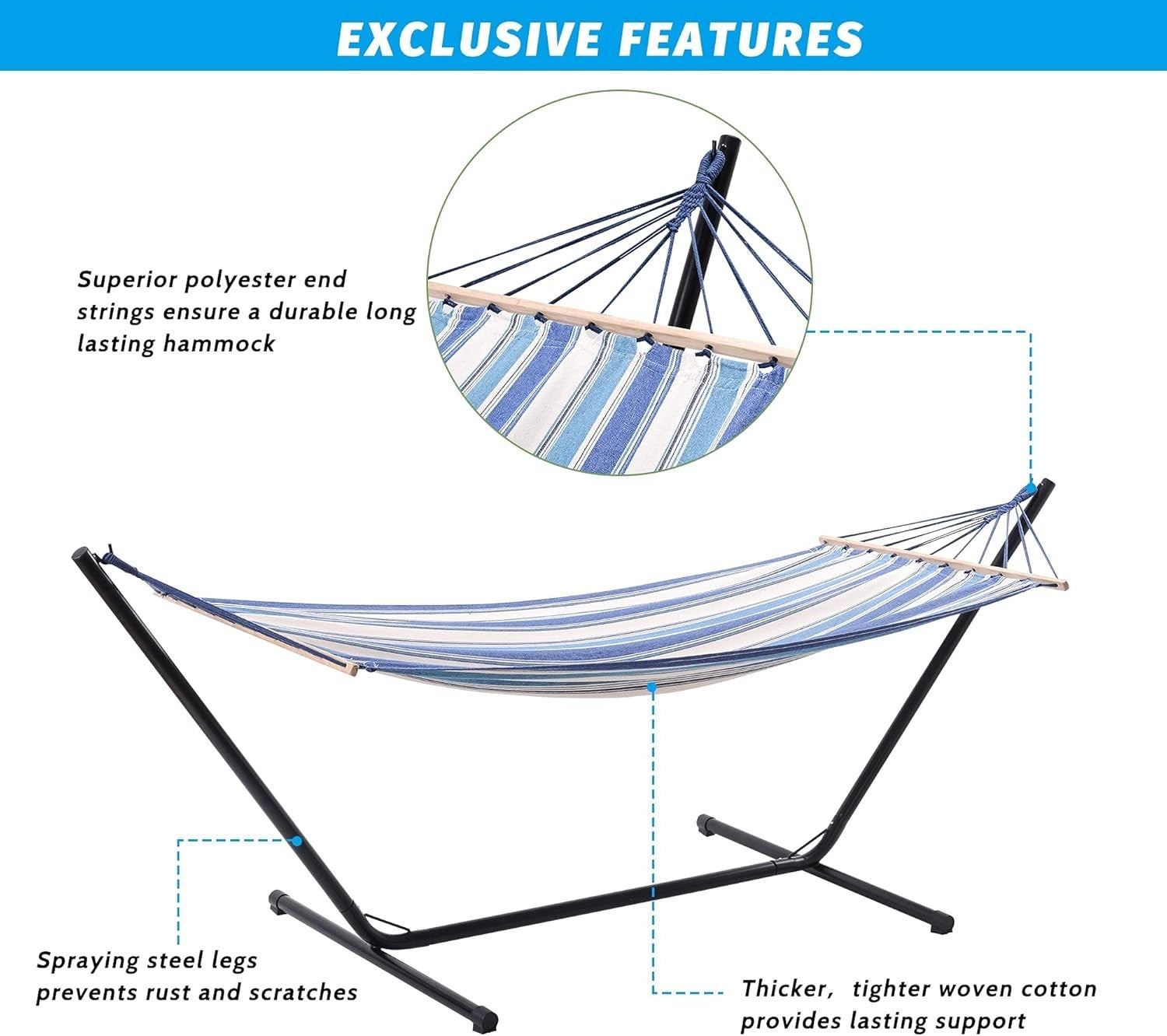 Blue & White Hammock with Stand | Portable Cotton Swing Bed | 150KG Capacity