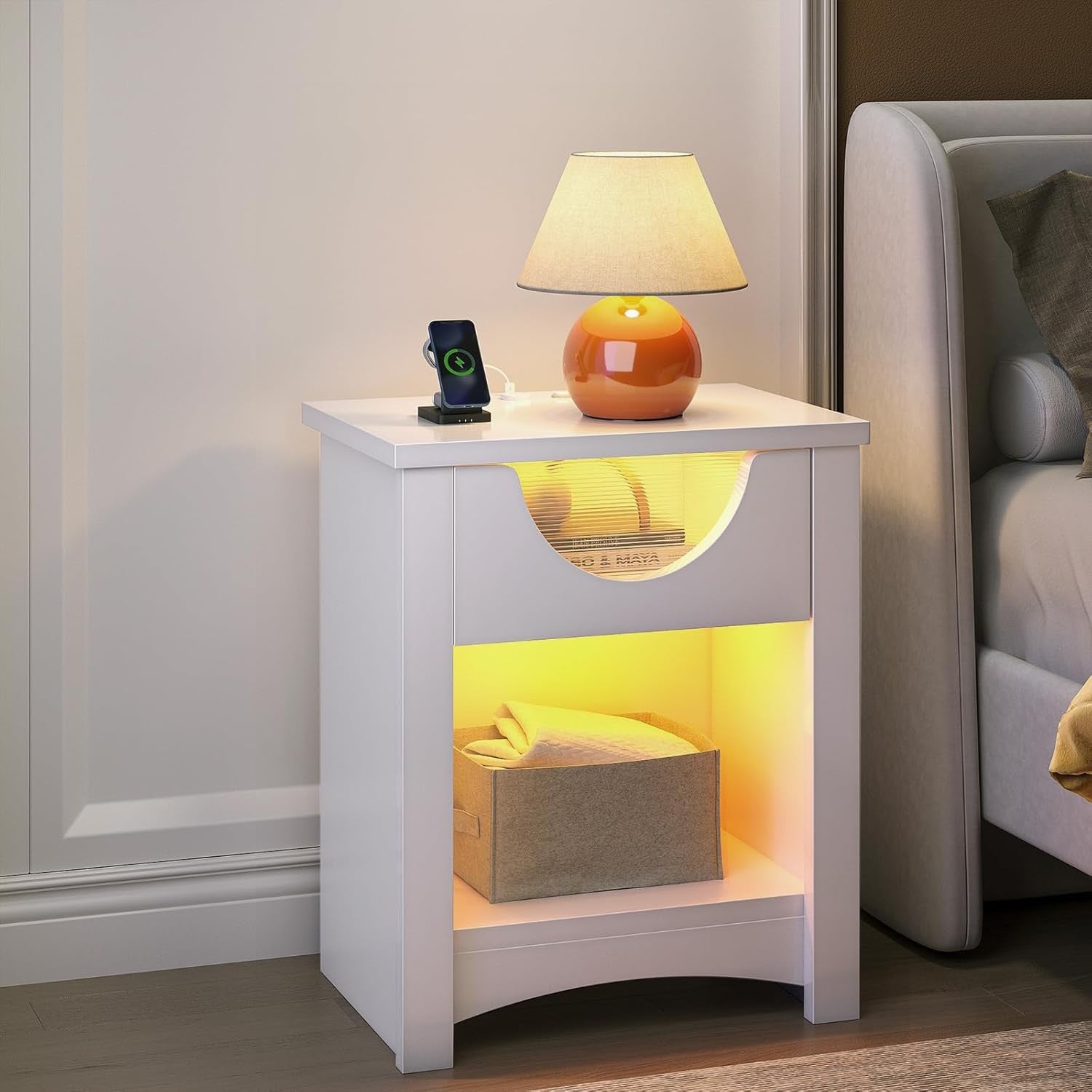 LED Bedside Tables Set of 2 with USB Ports, Drawer Storage & Warm Ambient Light
