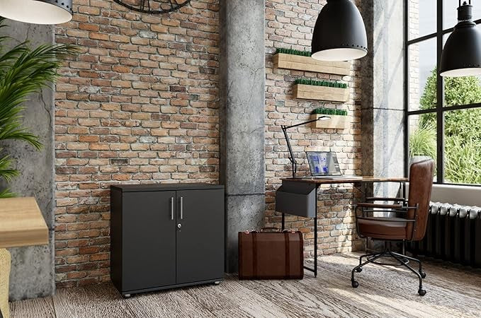 Black Metal Storage Cabinet 75CM with Lockable Doors Office Desk Cupboard