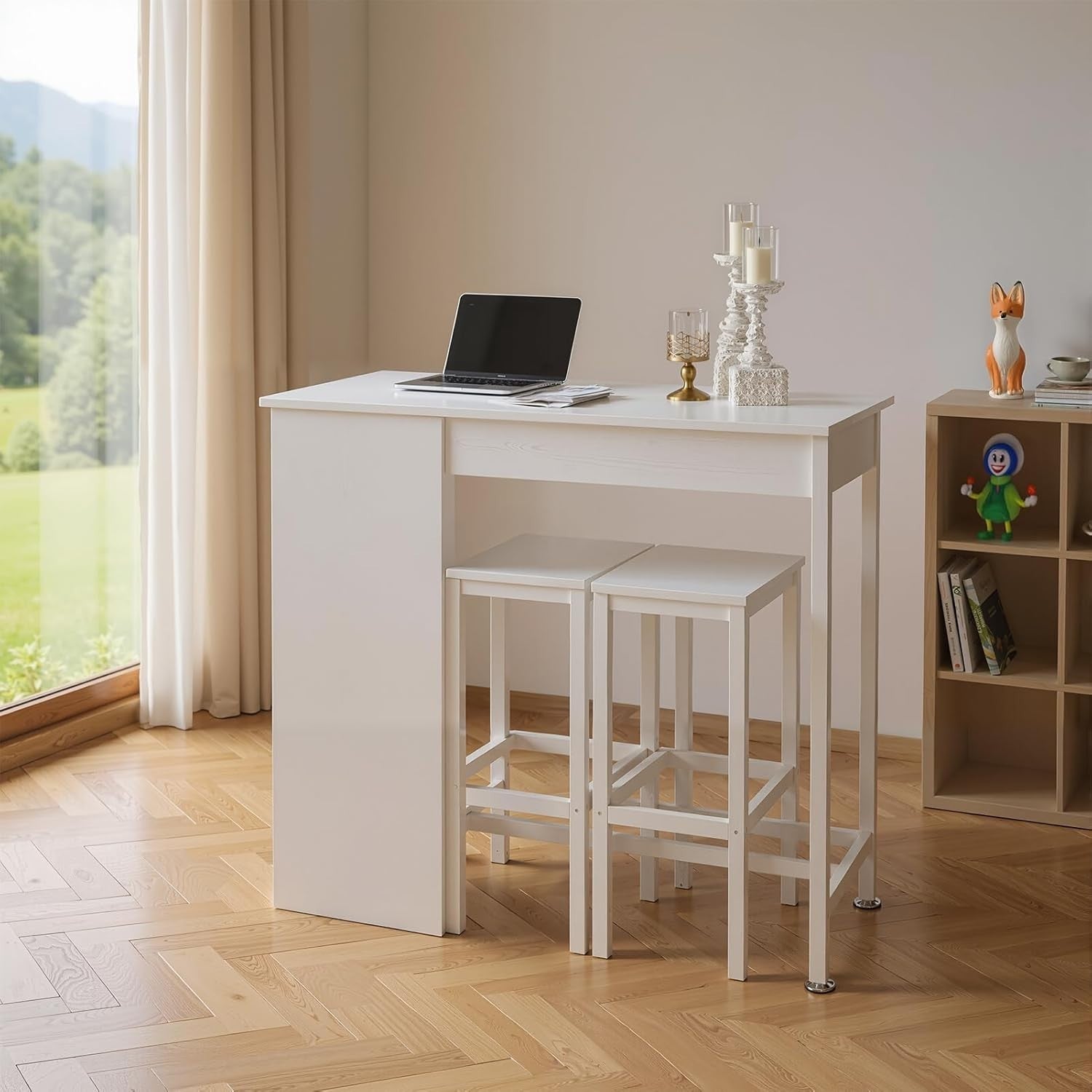 Compact Bar Table & 2 Stools Set with 3-Tier Storage White 91x49.5cm