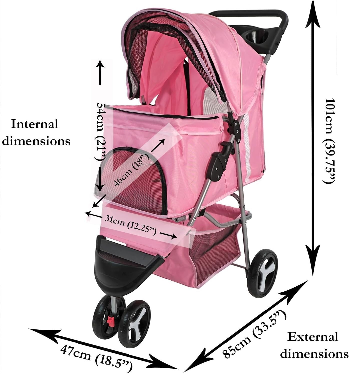 Pink Foldable Pet Stroller 4 Wheel Puppy Pushchair Weather Canopy 15kg
