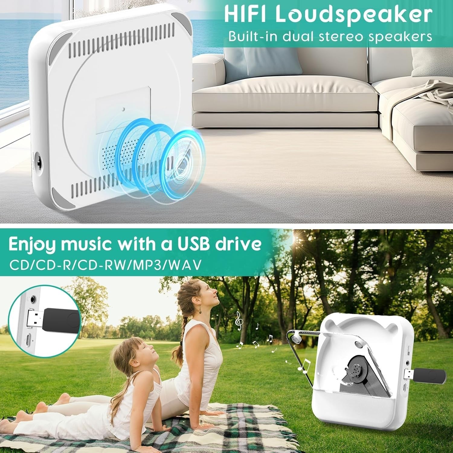 Portable CD Player Bluetooth Rechargeable Speaker USB AUX Headphones