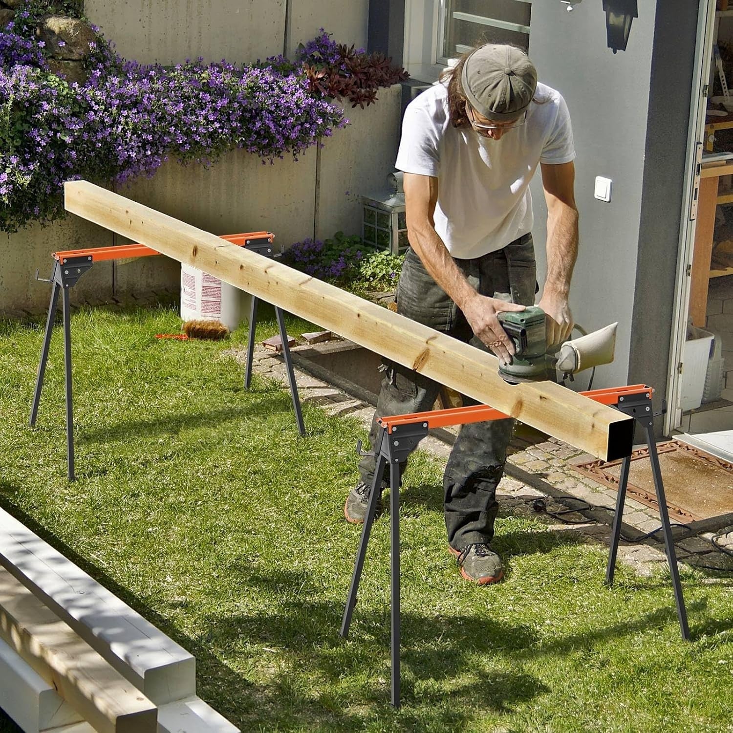 2x Folding Sawhorses 1000kg Heavy Duty Work Trestle with Support Arms