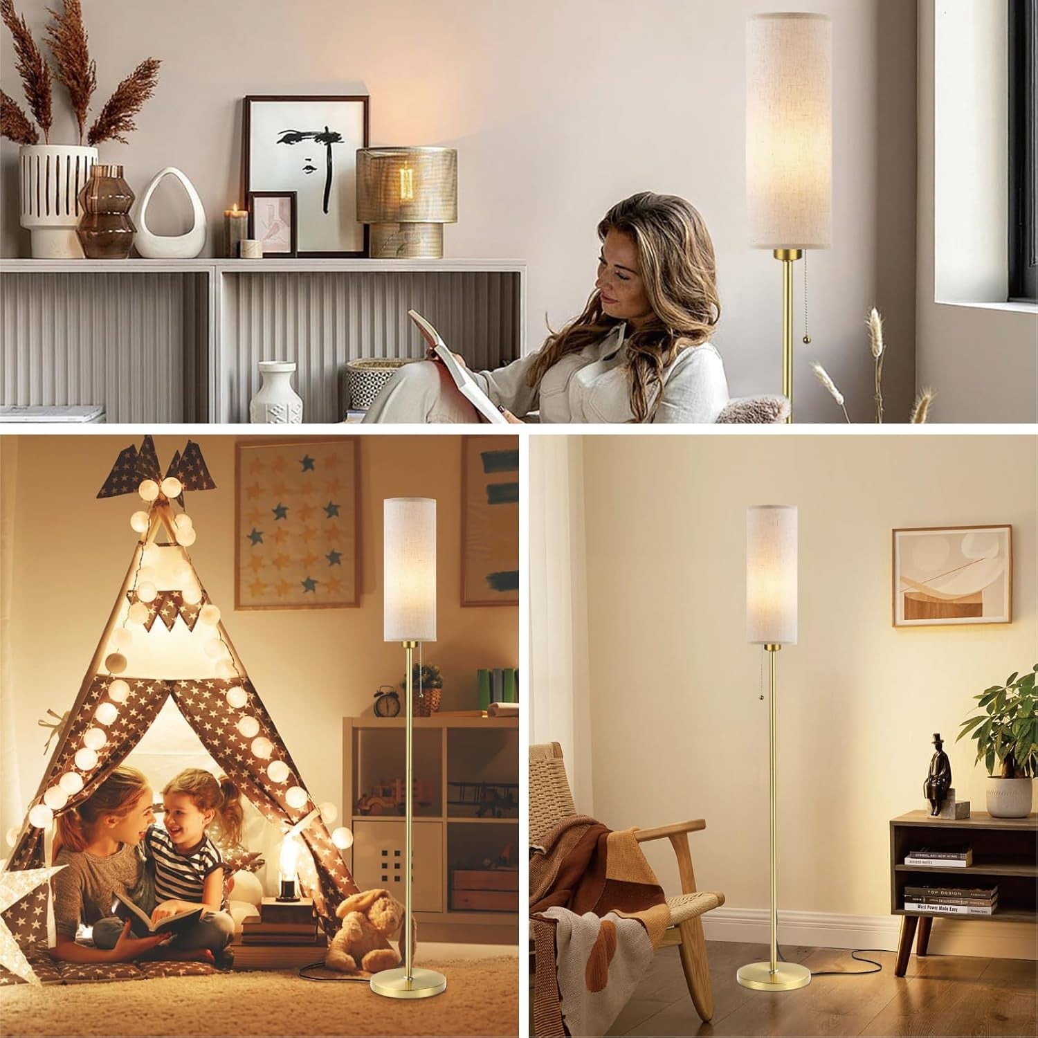 Gold Linen Floor Lamp Standing Light 3 Colour Temperatures LED Pull Chain