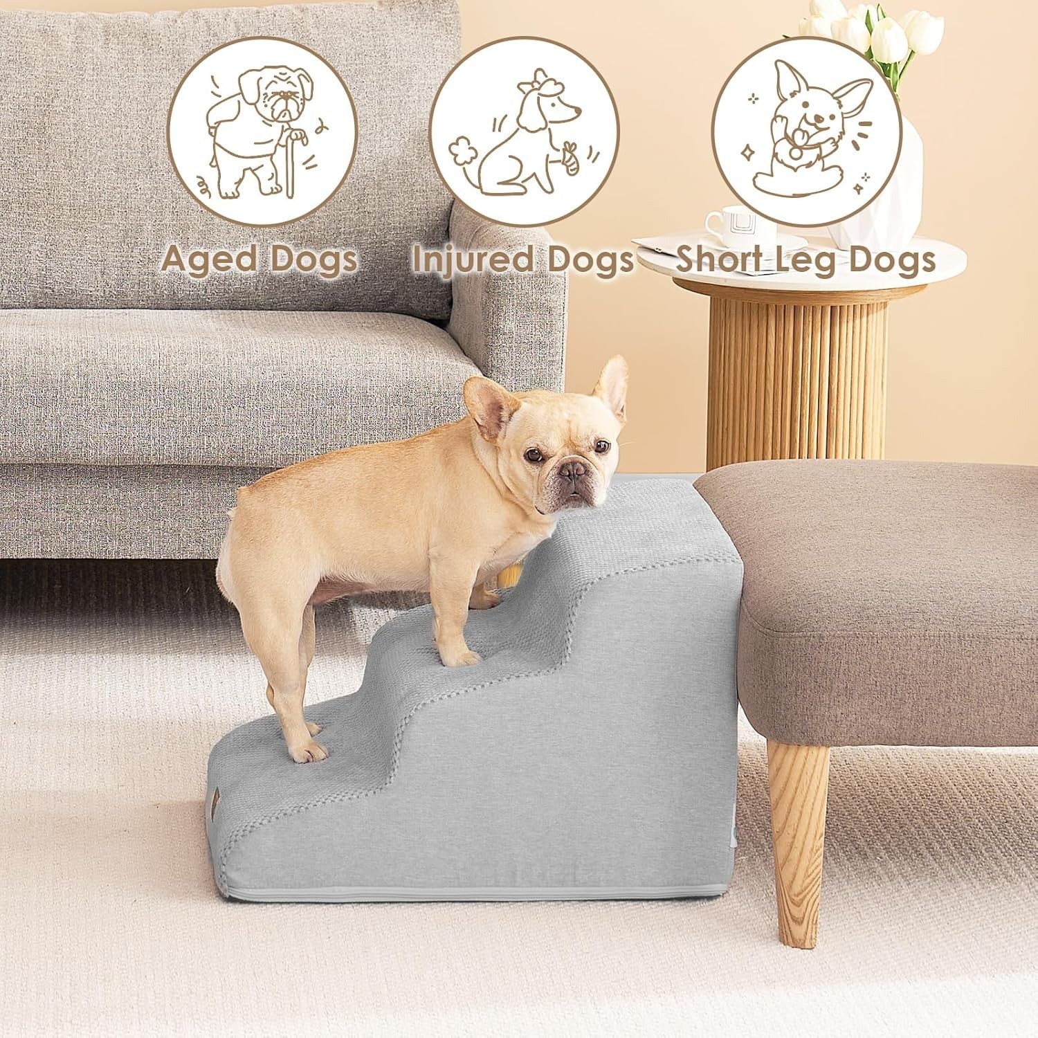 3 Step Dog Stairs for Bed Non Slip Foam Pet Steps Washable Light Grey