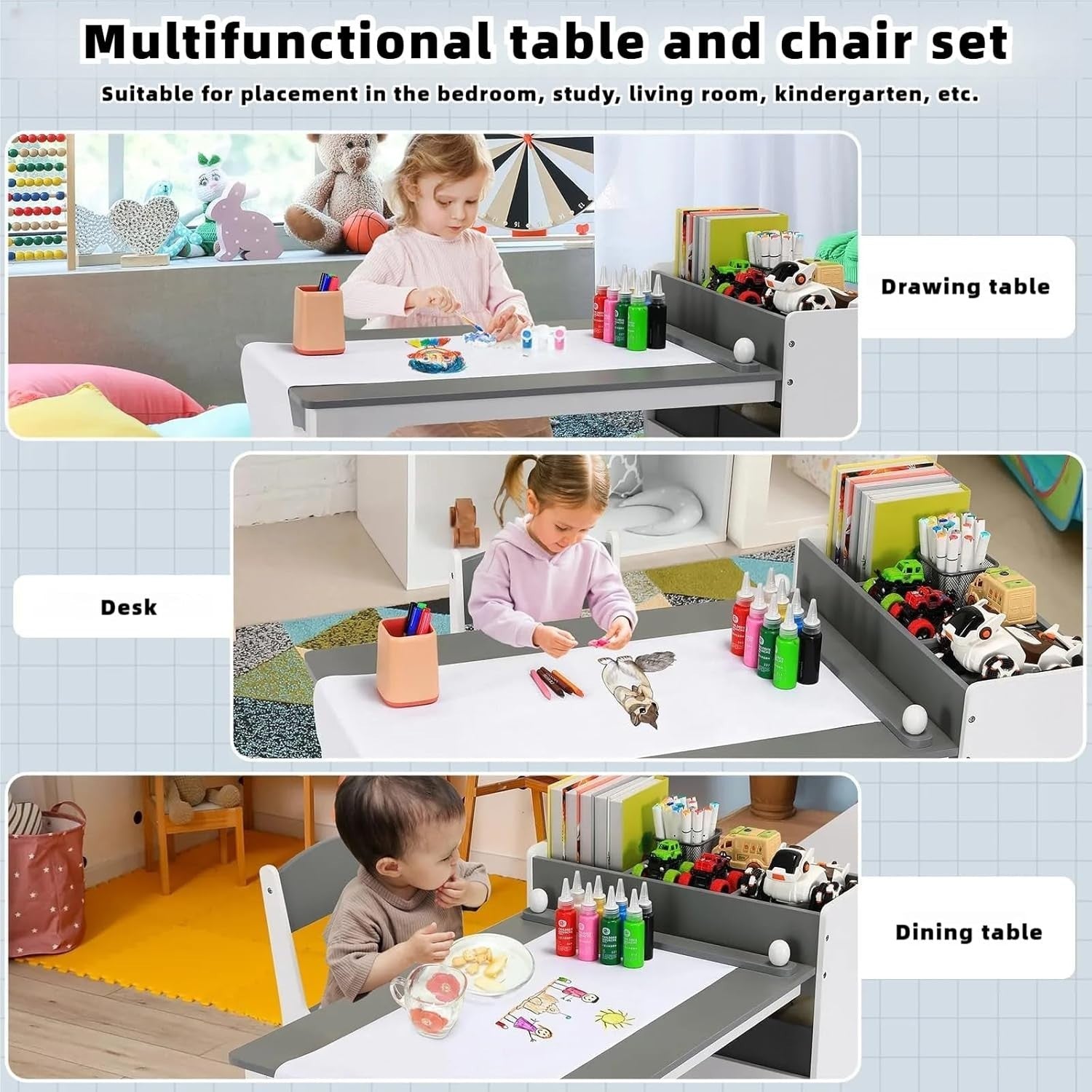 Kids Art Table & Chairs Set with Storage Boxes, Paper Roll Holder, Drawing Desk