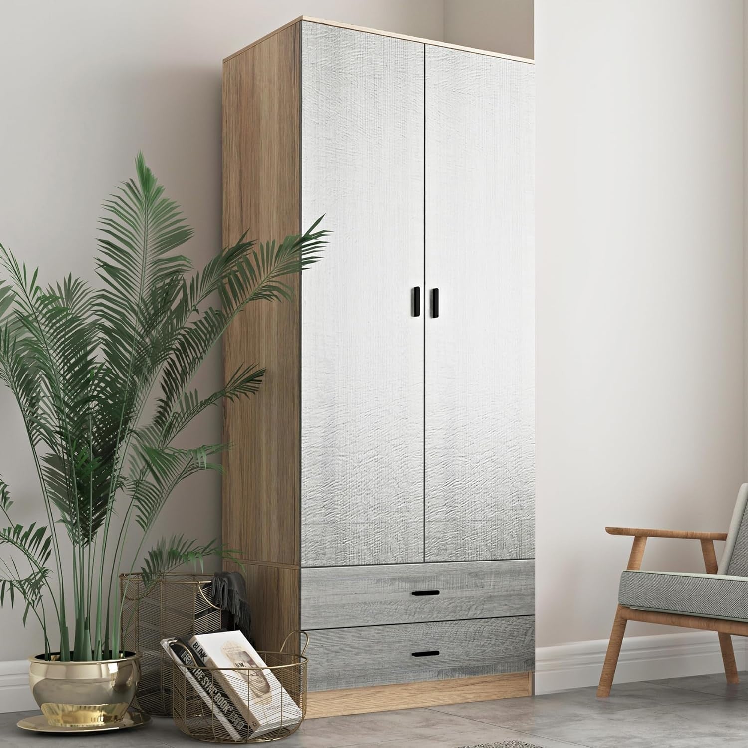 Grey Drawer 2 Door Wardrobe Oak Frame | Modern Tall Bedroom Storage Unit