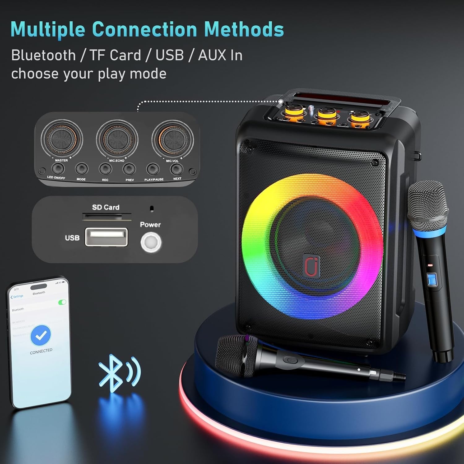Portable Karaoke Machine 2 Mics Bluetooth 5.3 DJ Lights TWS
