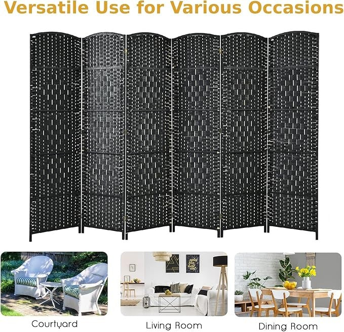 6 Panel Folding Room Divider – Black Woven Privacy Screen for Bedroom