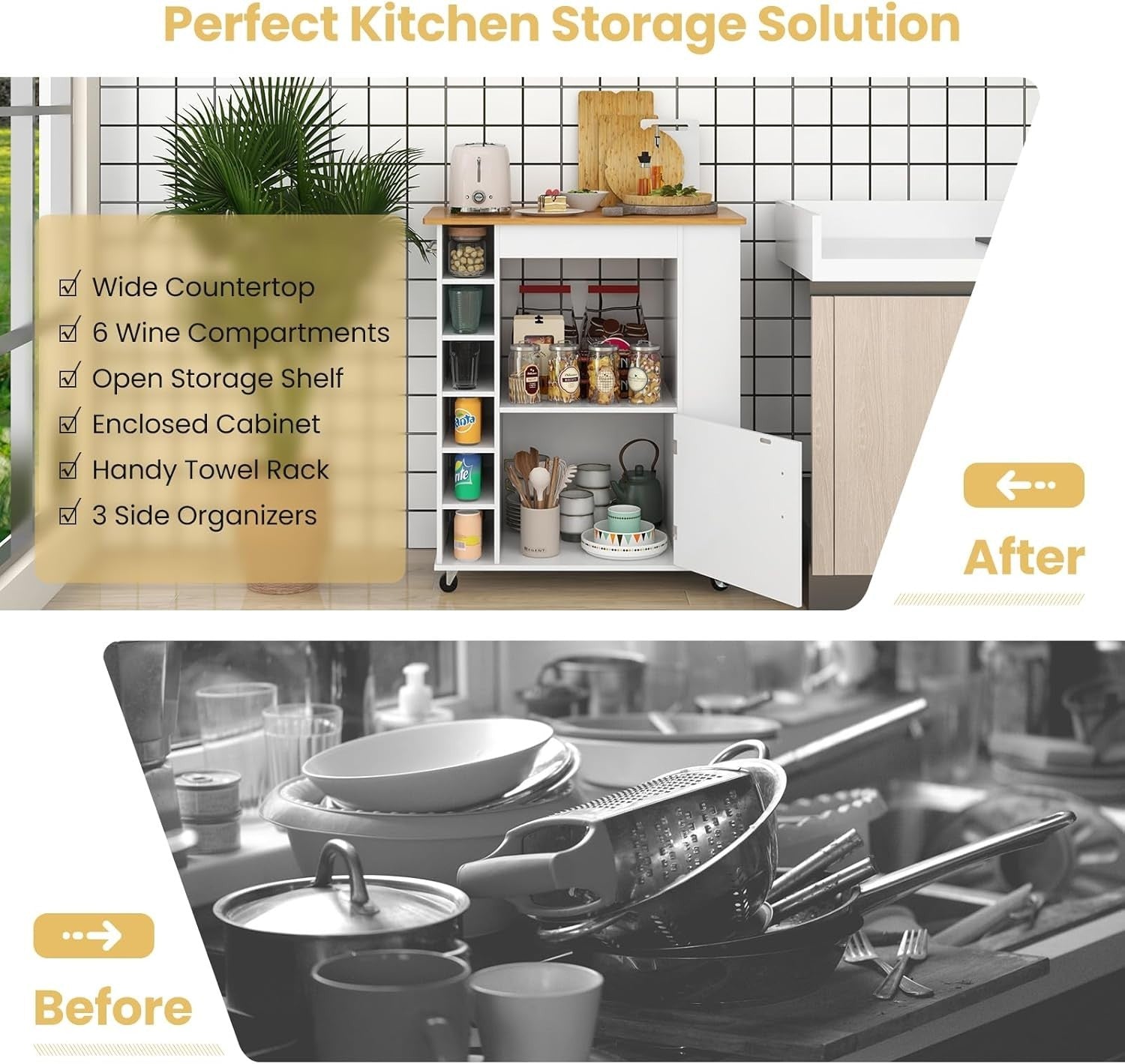 Kitchen Island on Wheels Bamboo Top Wine Rack Cabinet
