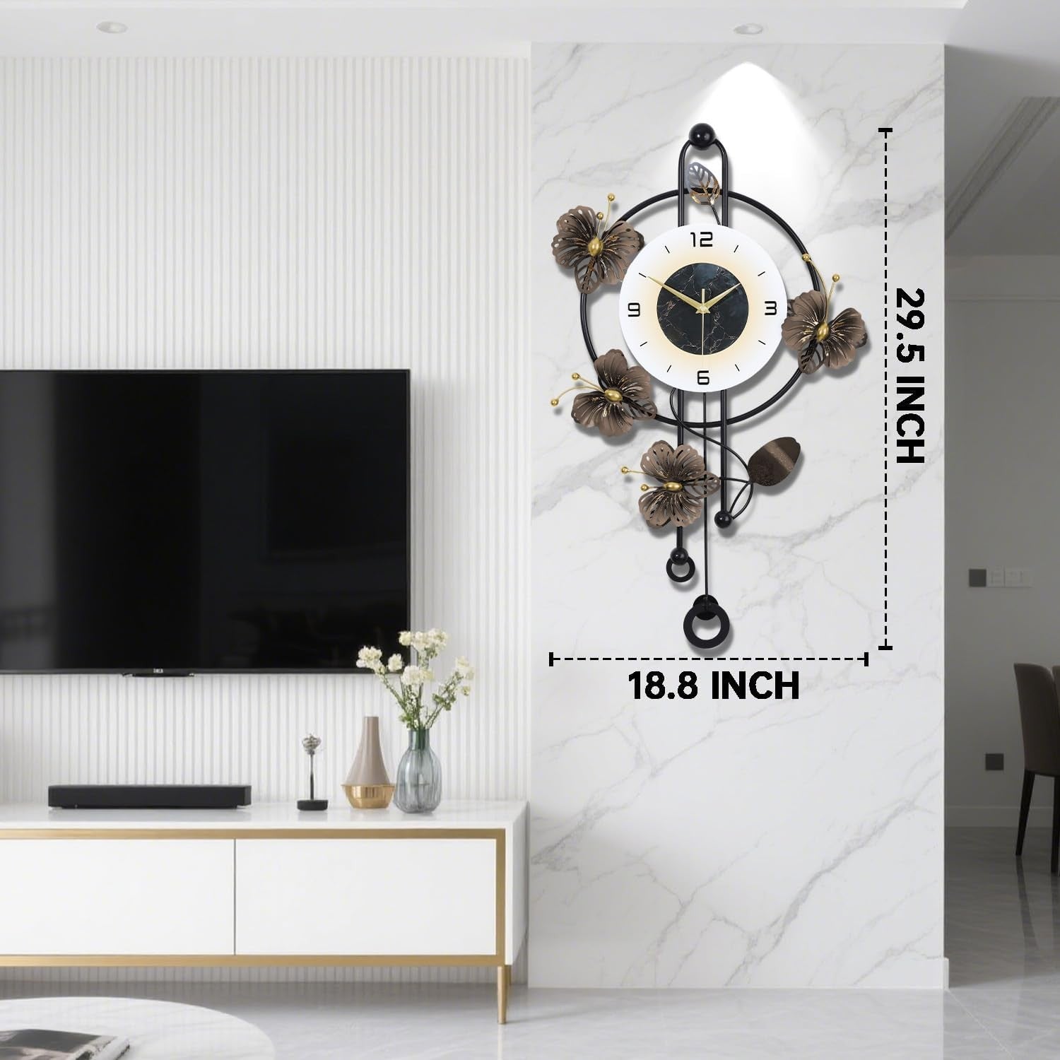 Large 75cm Wall Clock Modern Metal Floral Design Silent Quartz Pendulum White
