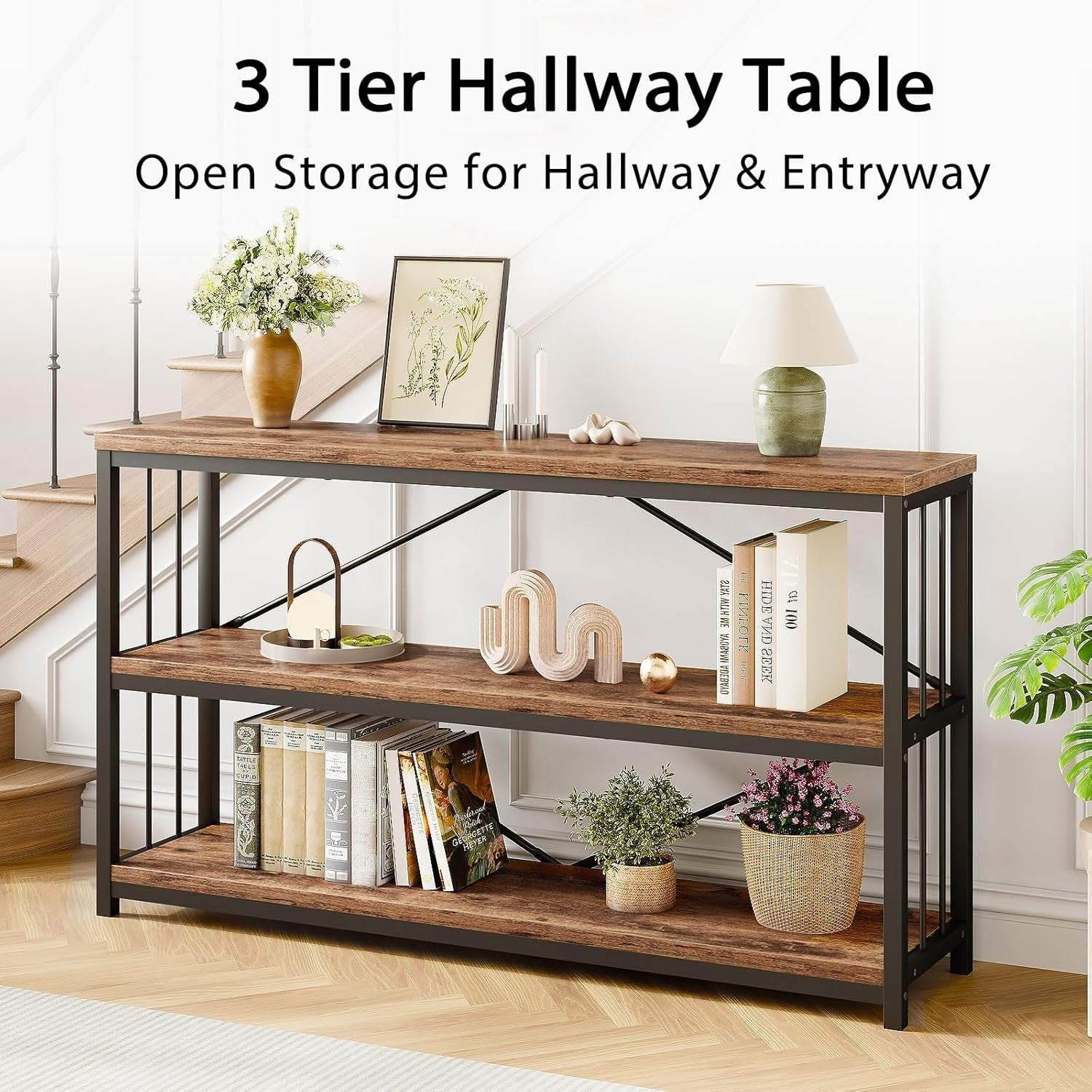 Rustic Industrial Console Table 3-Tier Storage Wood Metal 120x34x74cm