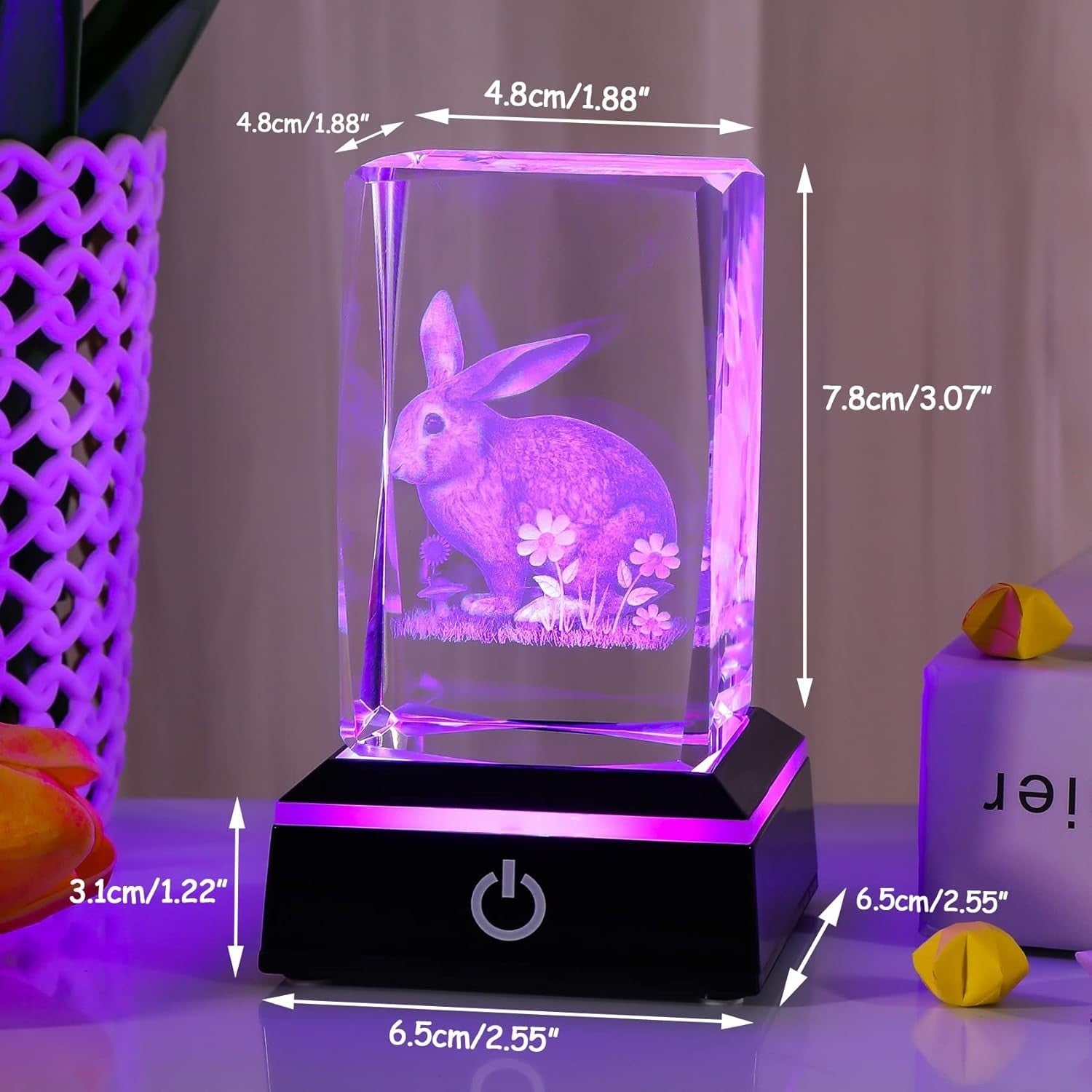 3D Crystal Rabbit Figurine with LED Base • Engraved Glass Bunny Night Light Gift