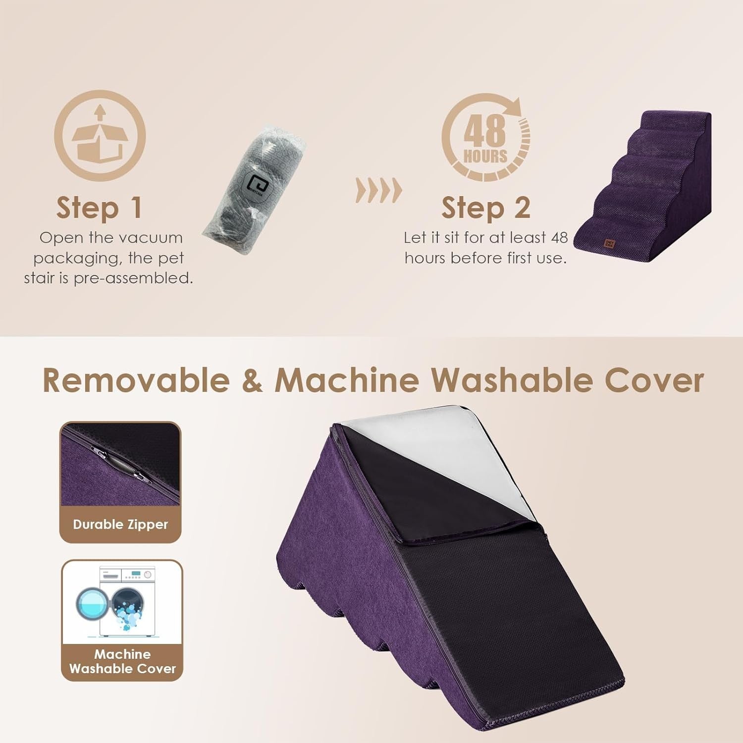 5 Step Dog Stairs for High Bed Non Slip Pet Steps Purple