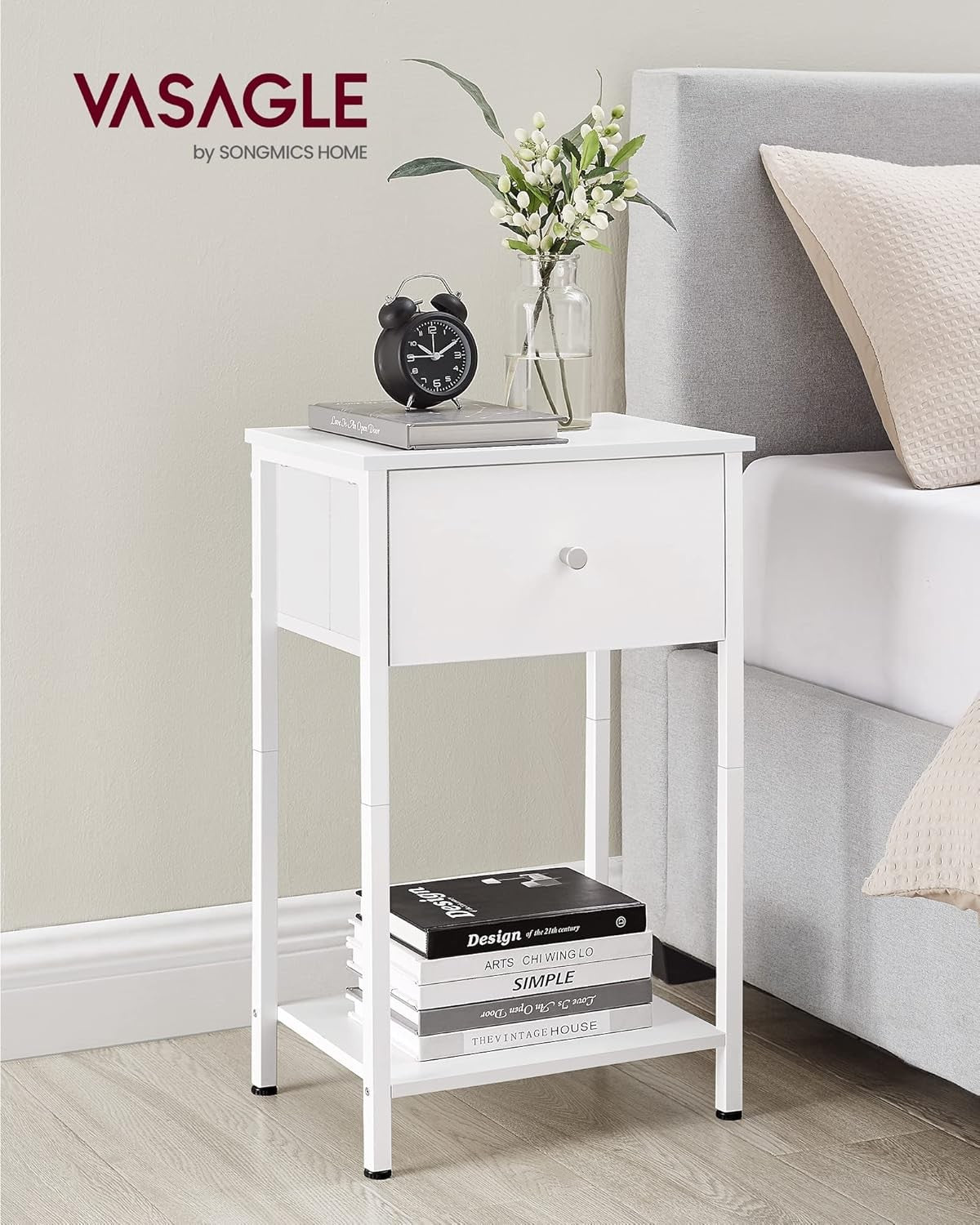 Set of 2 Tall White Bedside Tables with Drawer & Shelf, Modern 24-Inch Nightstan