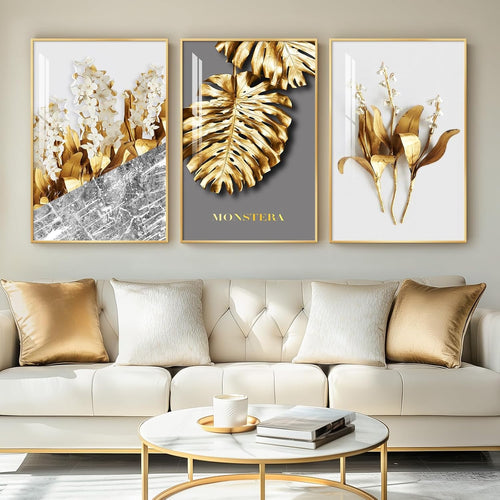 Large Gold Wall Art Set of 3 Framed 30x60 Luxury Leaf