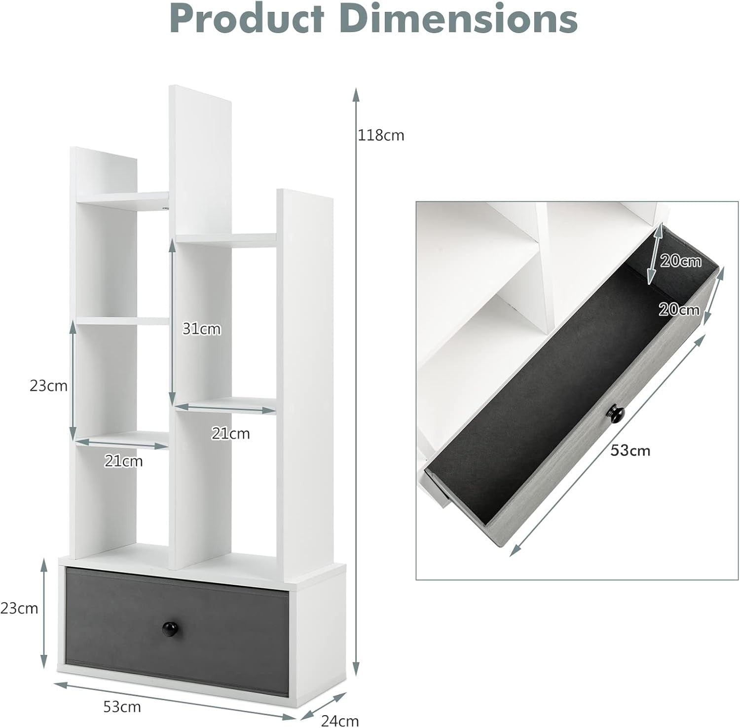 White Tree-Shaped Tall Bookcase 7 Cube Storage Shelf with Drawer 53×24×118cm