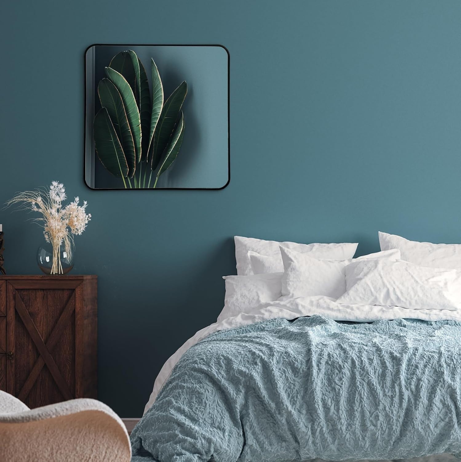 Large Square Wall Mirror 60x60cm Black Frame, Rounded Corners, Modern