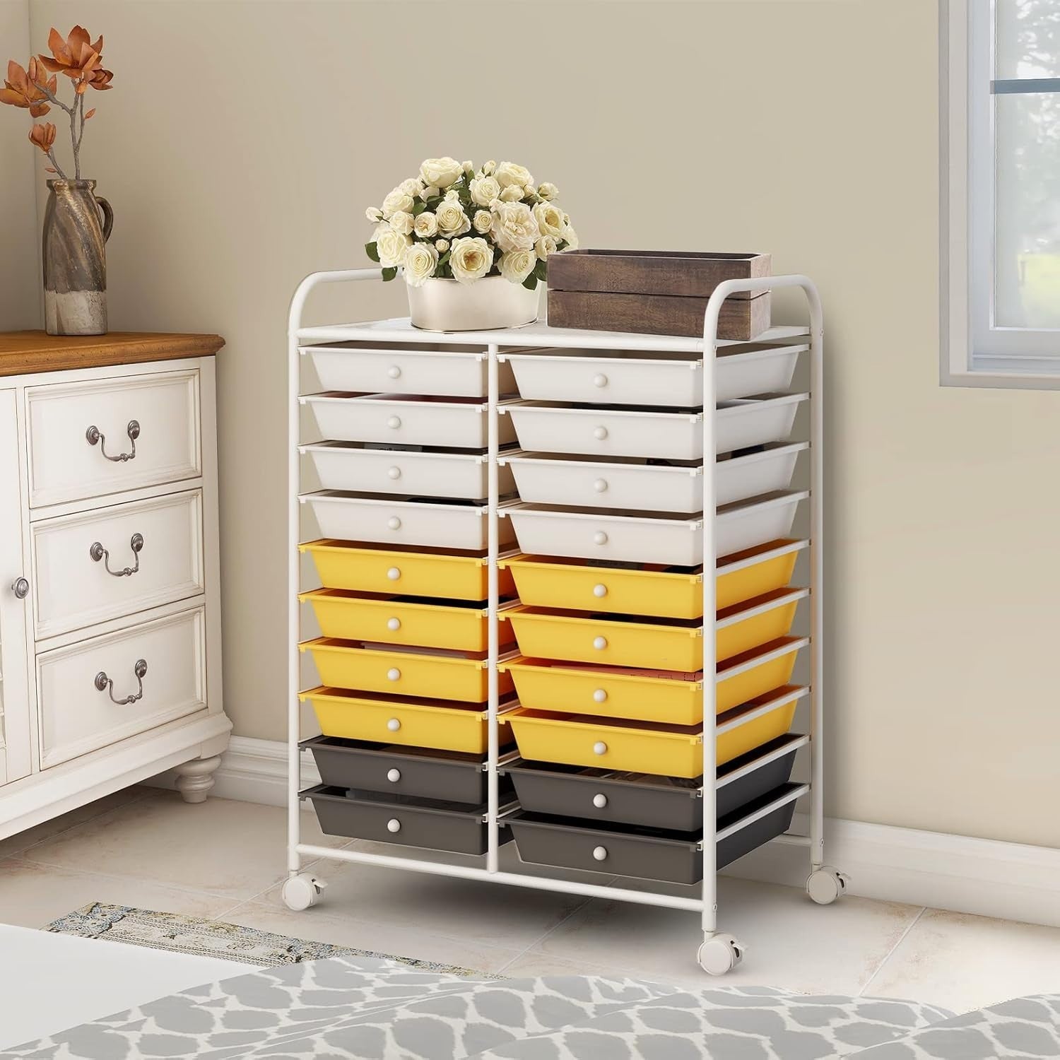 20 Drawer Rolling Storage Cart Mobile Organizer Trolley Yellow Wheels