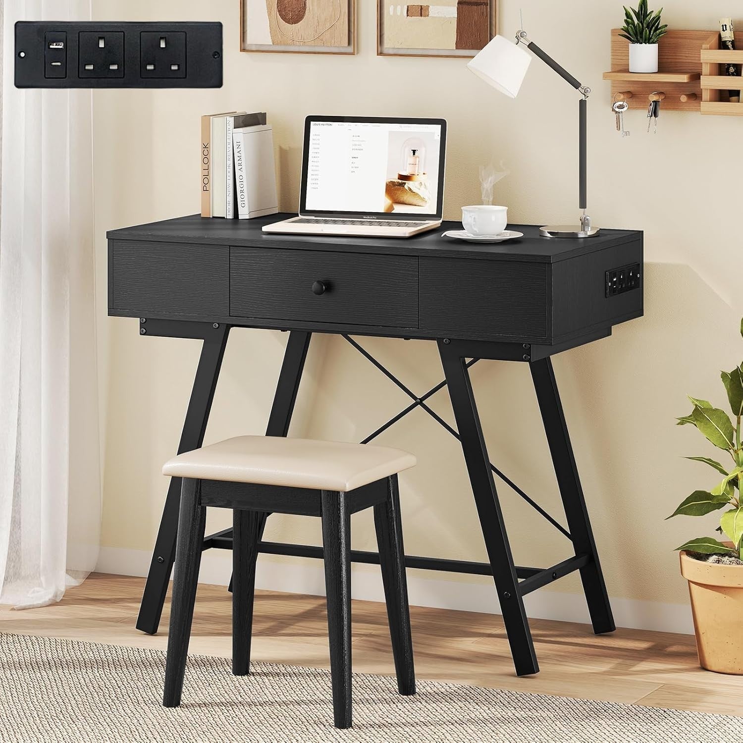 Dressing Table with Mirror Flip Top & Charging Station Vanity Desk Drawers