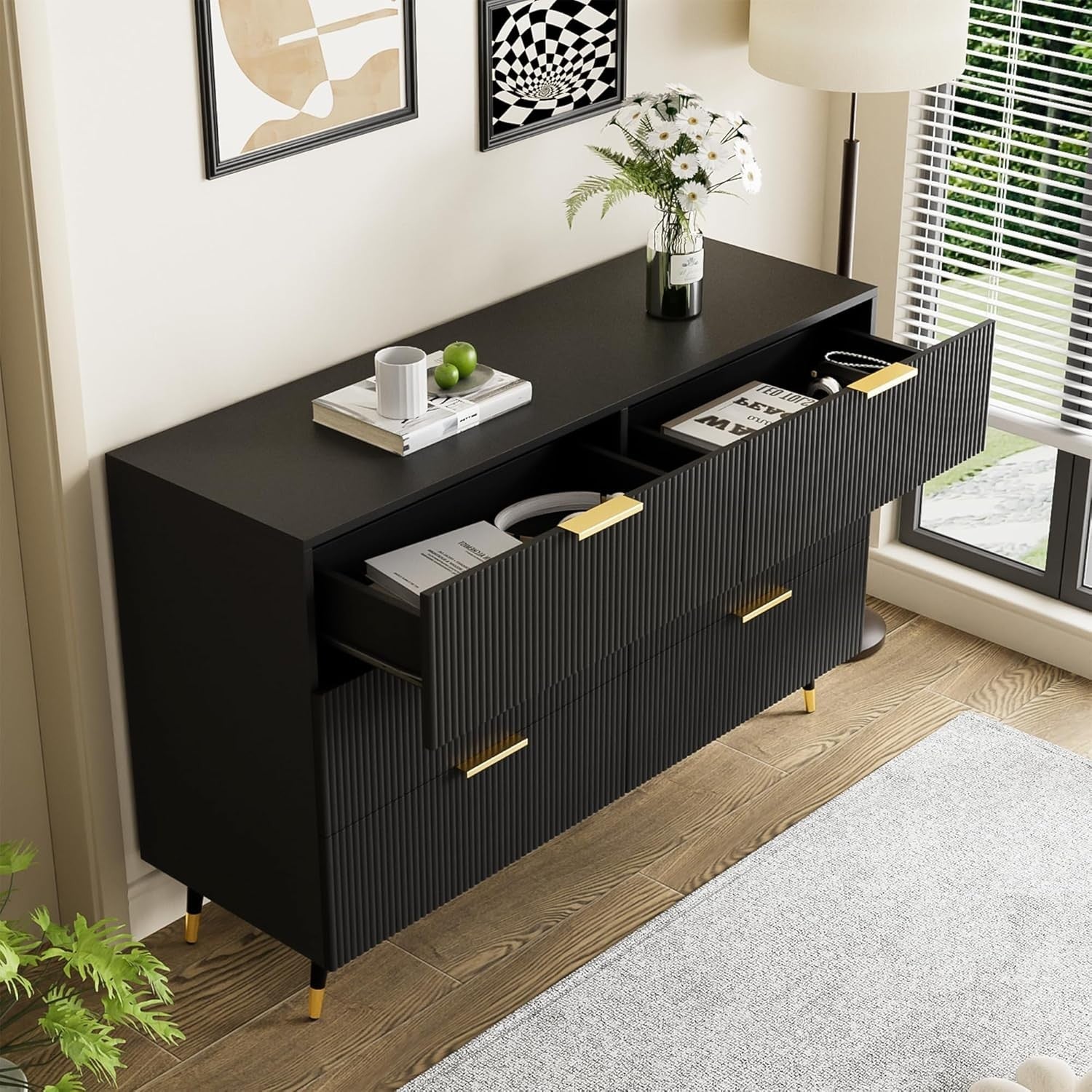 Black Sideboard Cabinet 6 Drawers Storage Unit Gold Handles 120cm