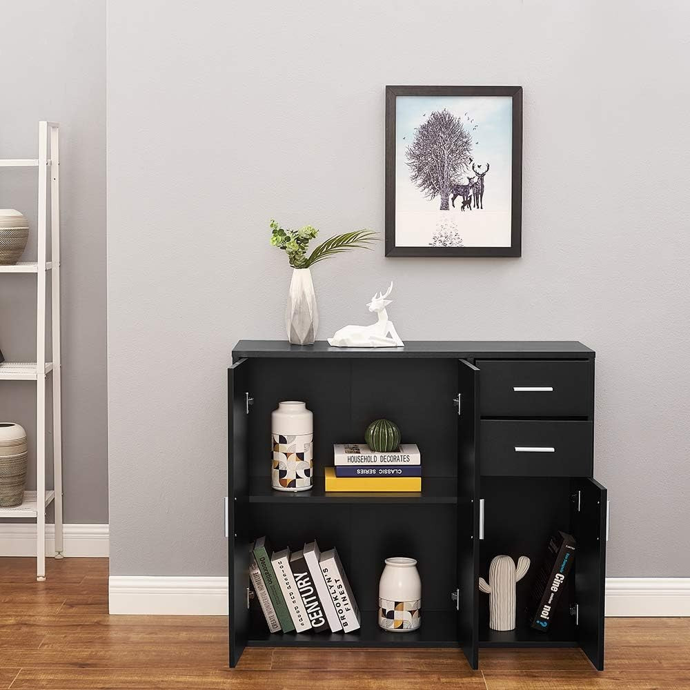 Black Sideboard Cabinet with Drawers & Doors Modern Storage Unit 100cm