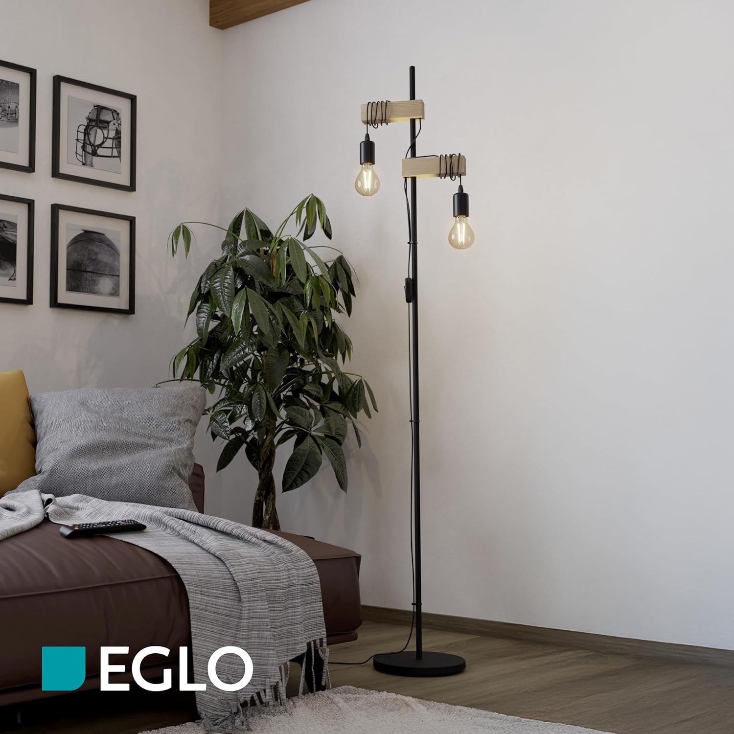 2 Light Vintage Floor Lamp Wood & Metal Standing Lamp E27 Retro Style