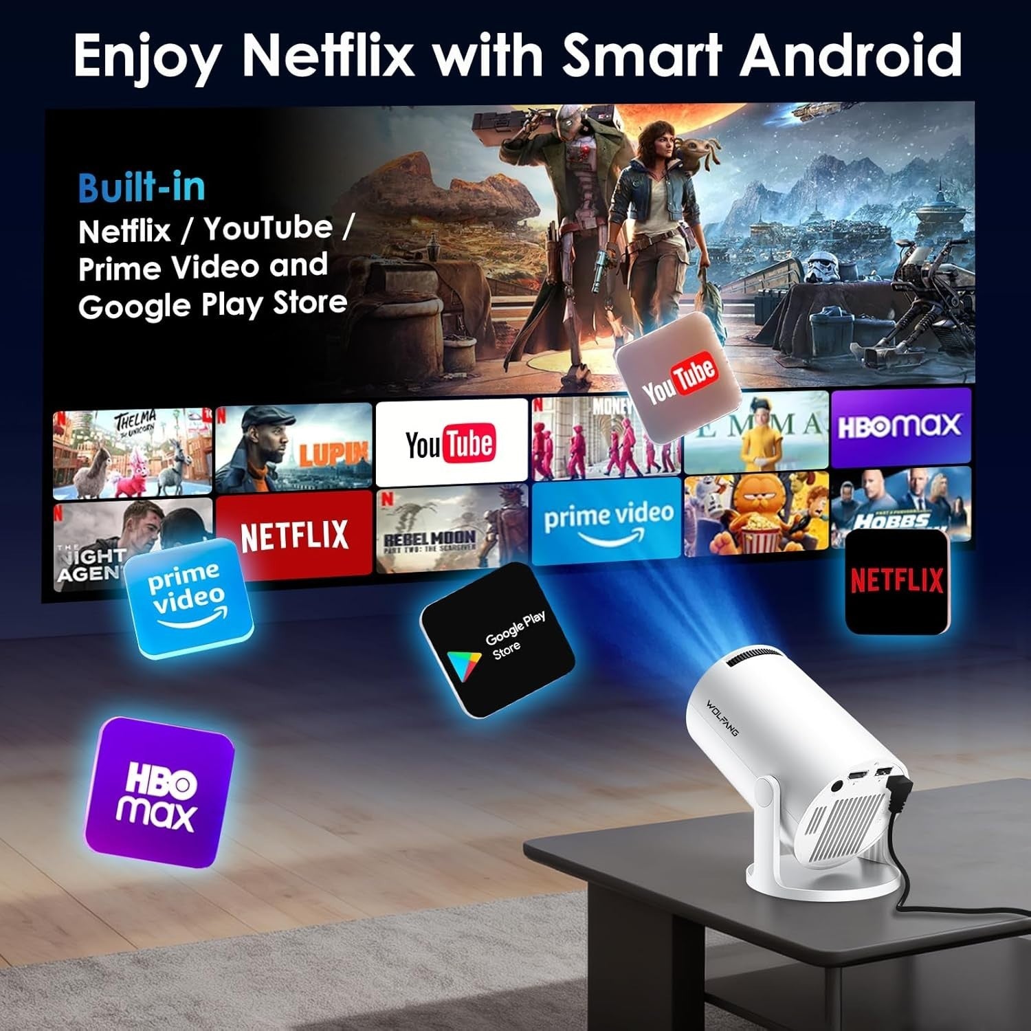 Smart Mini Projector WiFi 6 1080P Support Bluetooth 180° Auto Keystone