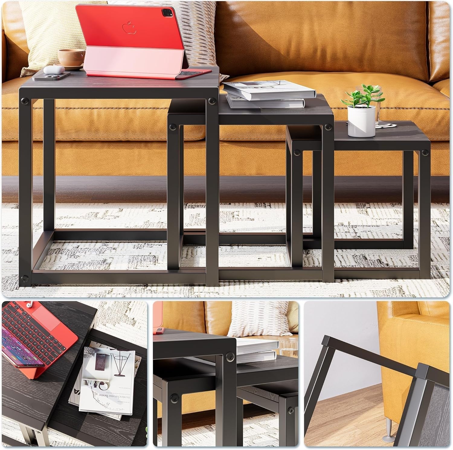 3 Black Nesting Coffee Tables Set of 3 Rectangular Steel MDF Side End Table
