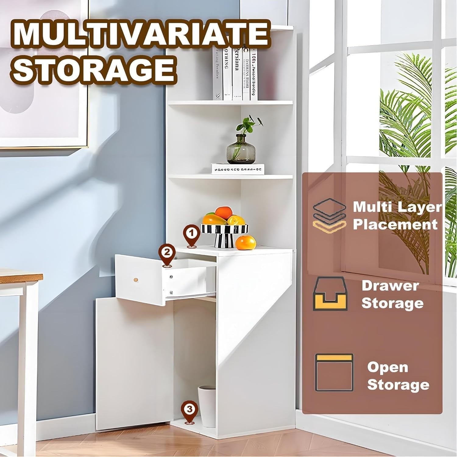 Corner Storage Cabinet White 3-Tier Shelves with Drawer & Door 150x30cm