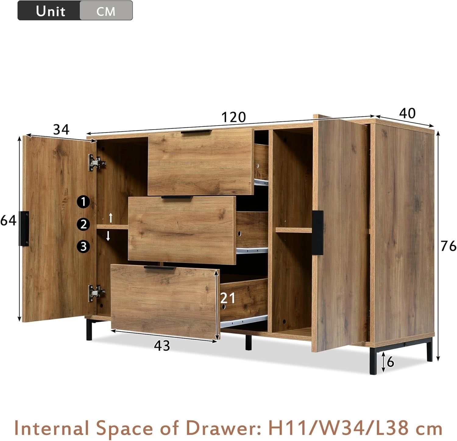 120cm Oak Sideboard Cabinet with Adjustable Shelves, 3 Drawers & Doors