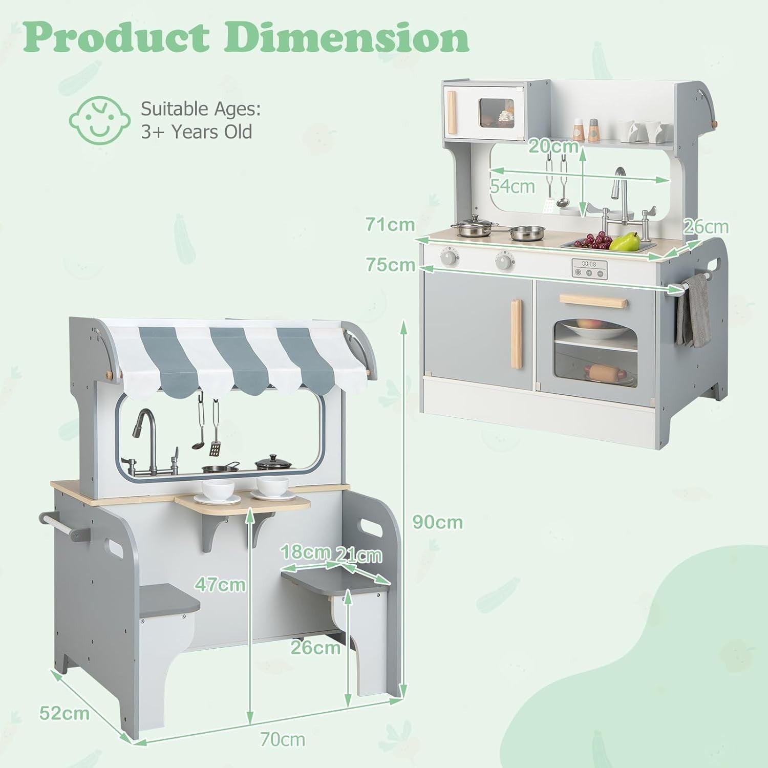 2 in 1 Kids Play Kitchen Diner Wooden Pretend Cooking Toy Grey White