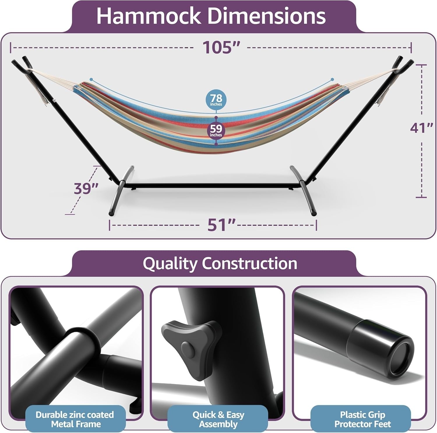 2-Person Luxury Hammock with Steel Stand, Heavy Duty 450lbs, Portable Comfort