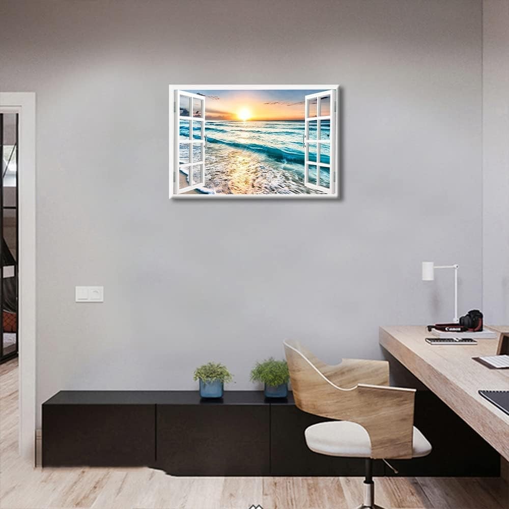 3D Ocean Window Canvas Wall Art 24x16 Framed Beach Wall Decor