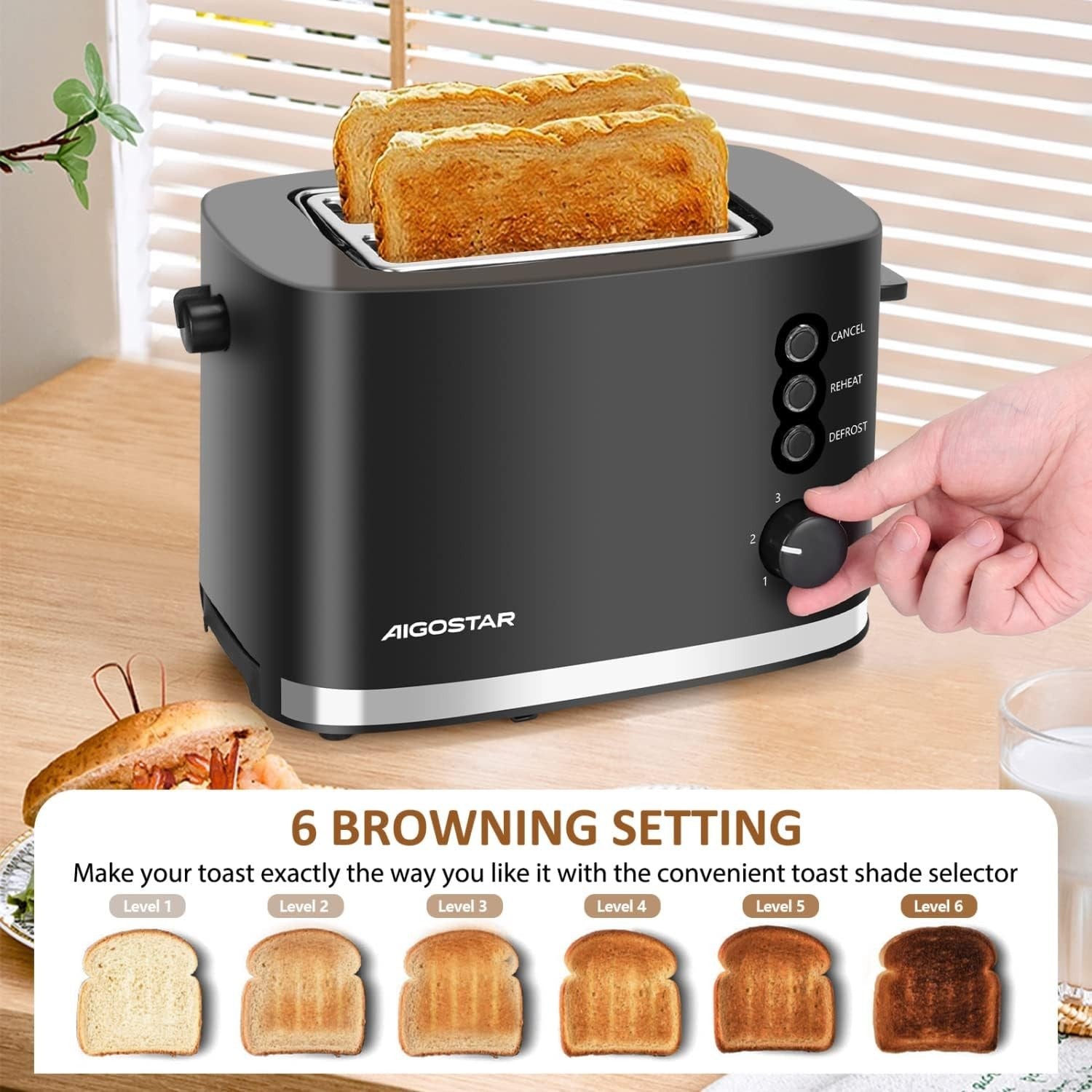 Wide Slot 2-Slice Toaster with Warming Rack, Adjustable Browning, 800W Black