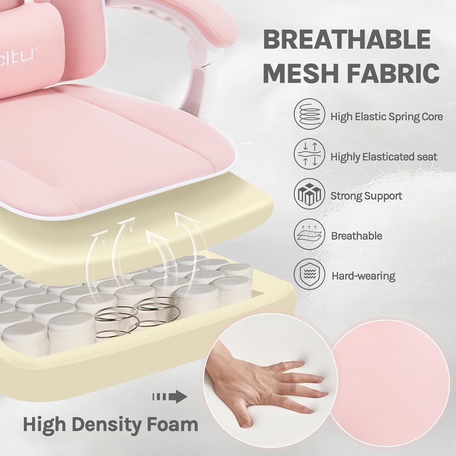 Ergonomic Gaming Chair w/ Pocket Spring Cushion Footrest 150kg Pink