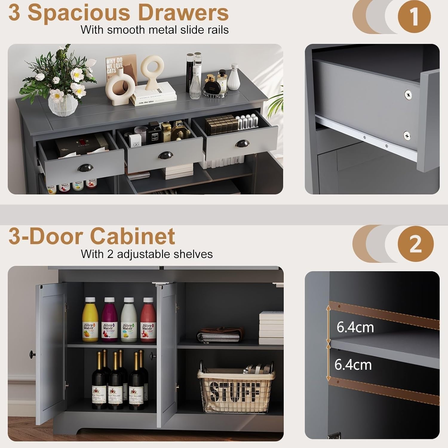 Grey Sideboard Storage Cabinet with Drawers & Adjustable Shelves Unit
