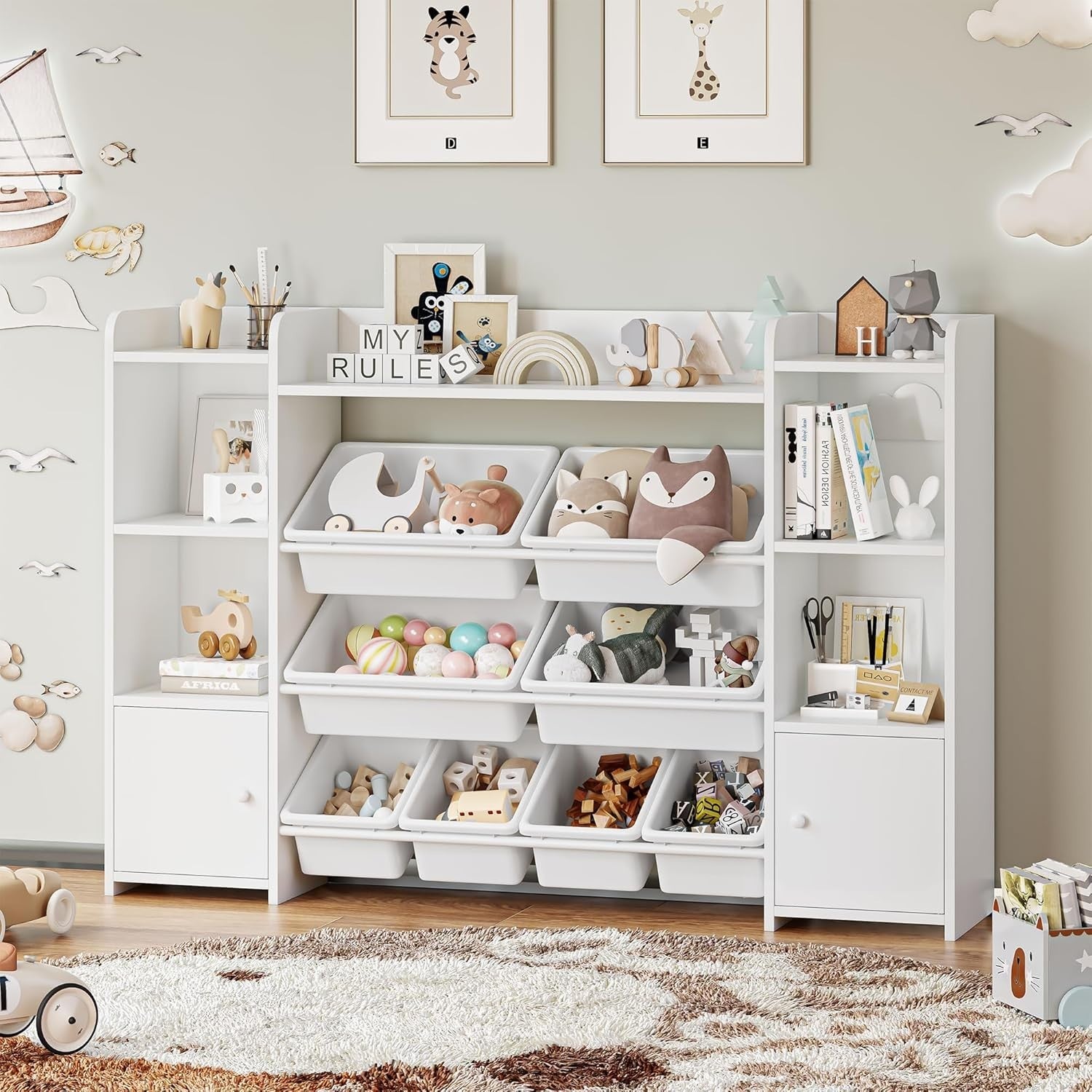 Kids Toy Storage Organizer with 8 Removable Bins, Shelves & Cabinets - White