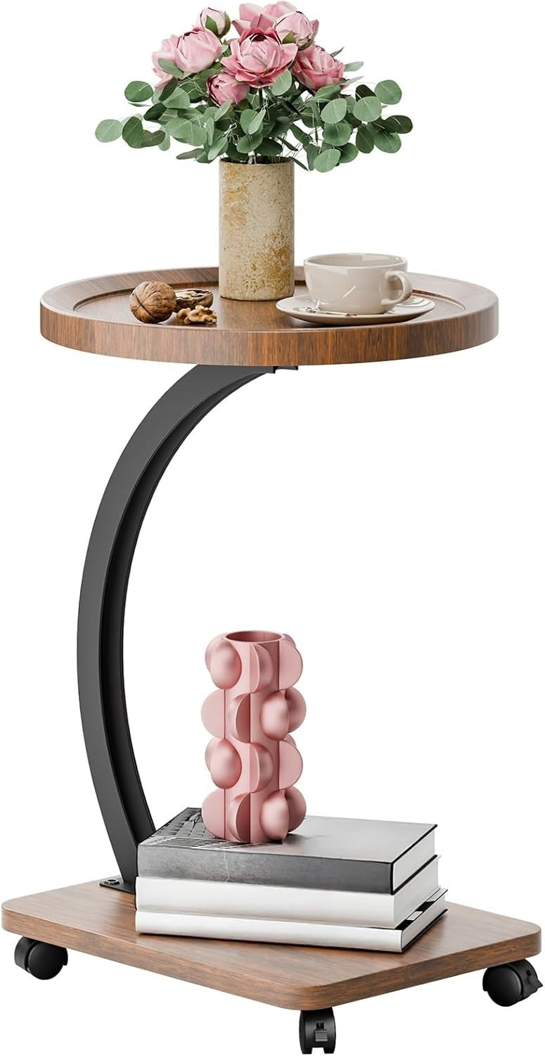 2-Tier C-Shaped Round Side Table with Casters Modern Small Sofa Desk
