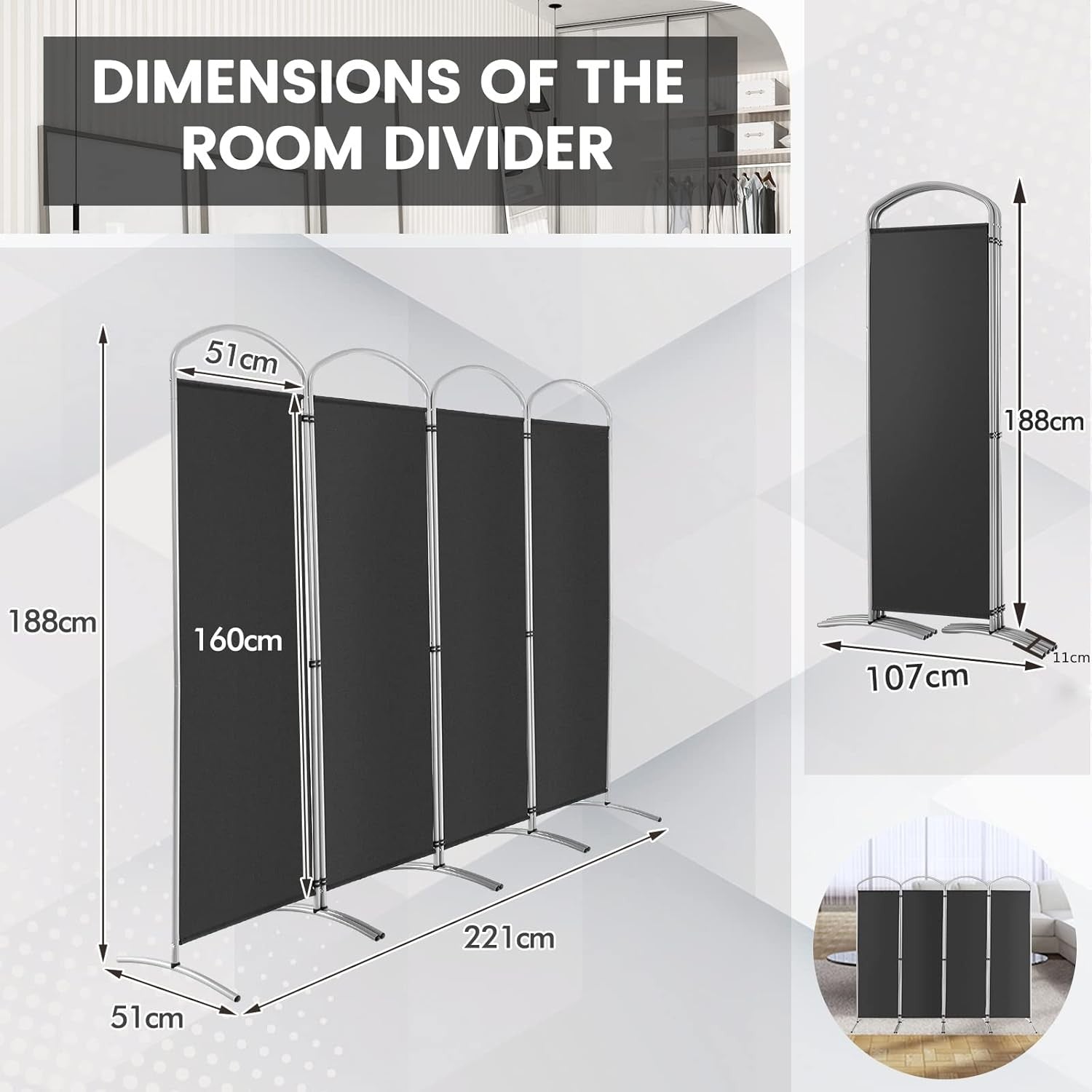 4 Panel Grey Folding Room Divider Privacy Screen Freestanding Partition 221x188c
