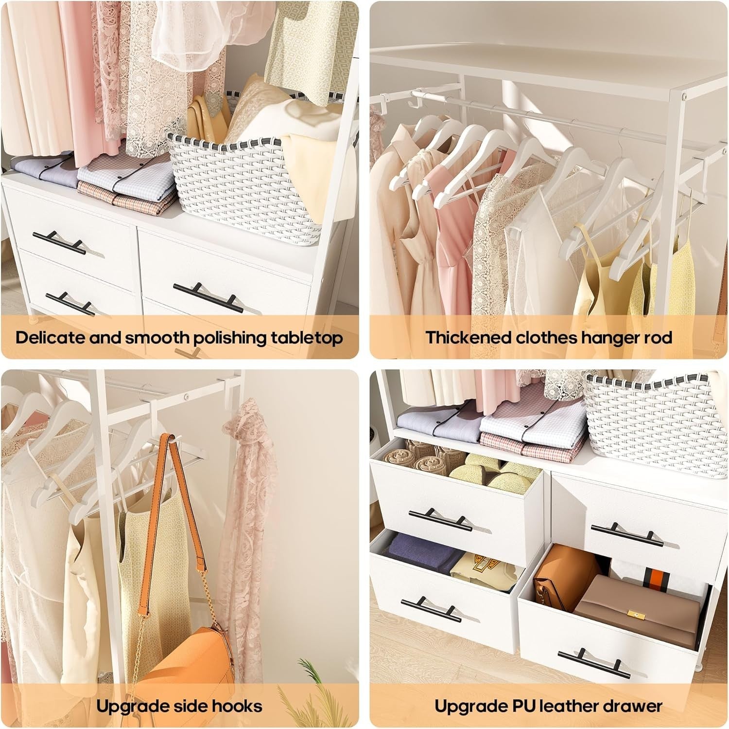 Open Wardrobe Clothes Rail with 4 Drawers & Hooks White