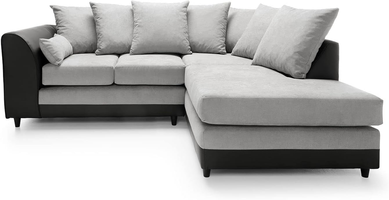 Modern Black L-Shaped Corner Sofa Sectional with Faux Leather & Chenille Comfort