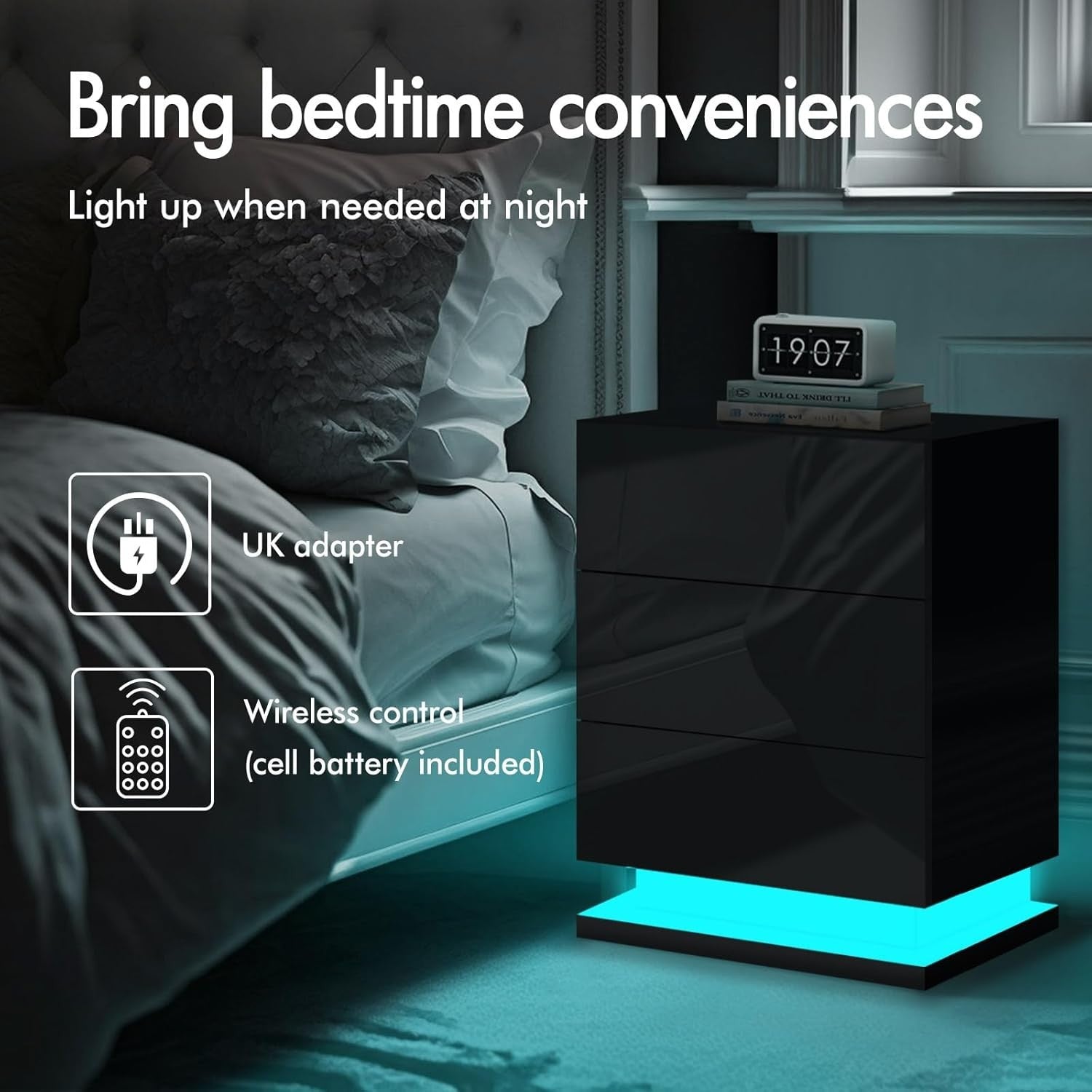 LED Bedside Table with 3 Drawers & RGB Lights | Black High Gloss Nightstand