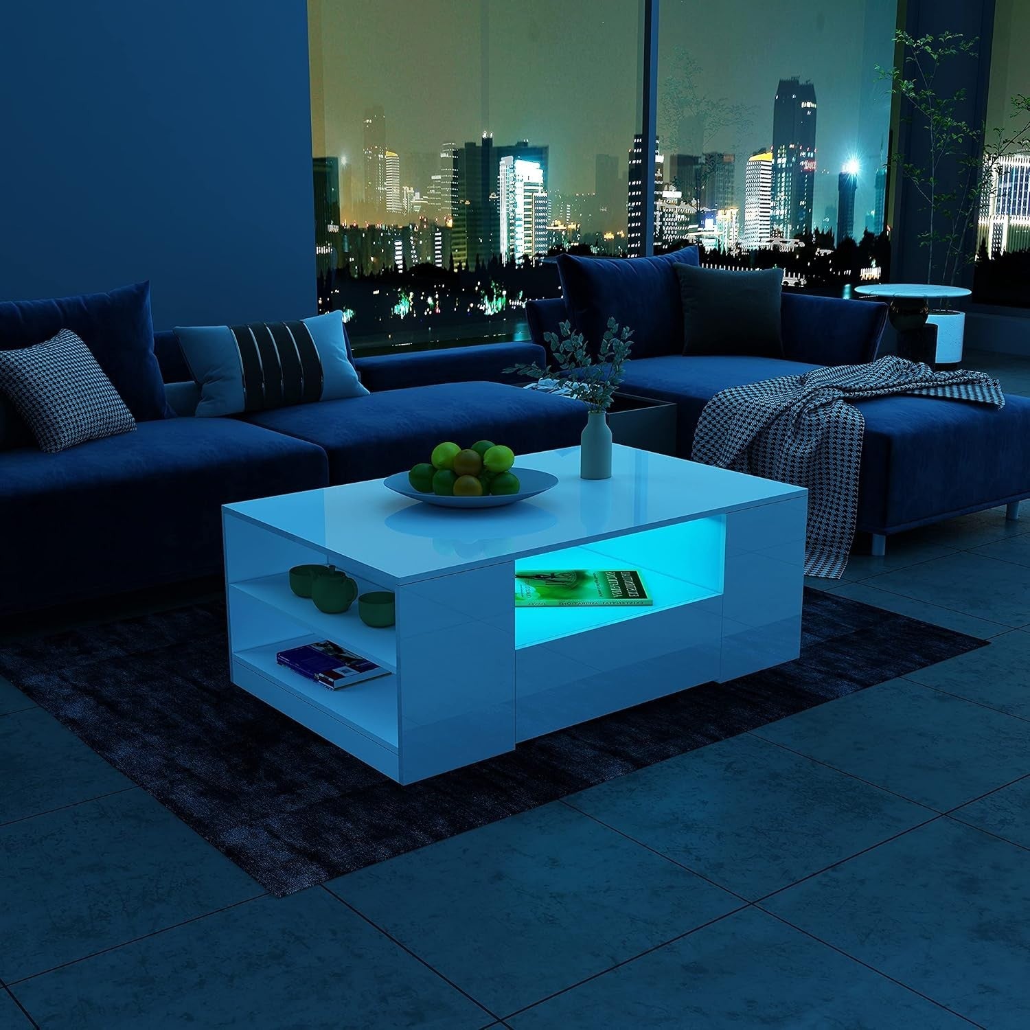 Modern White Gloss Coffee Table with LED Lights & Storage – 95x55x37cm