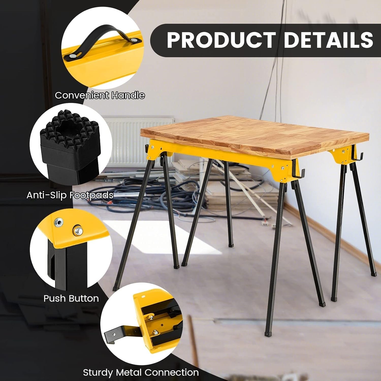 Folding Sawhorse Twin Pack Heavy Duty 454kg 2x4 Support Arms Yellow 92x48