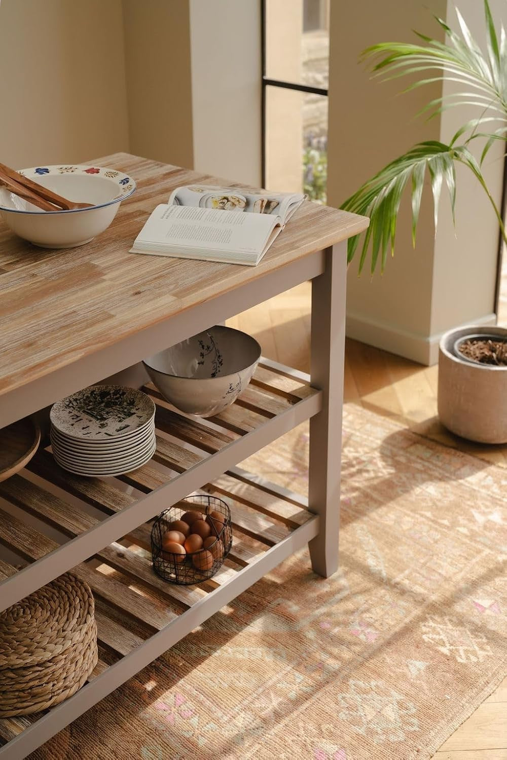 Breakfast Bar with Acacia Wood Top Storage Shelves Kitchen Island Truffle Home