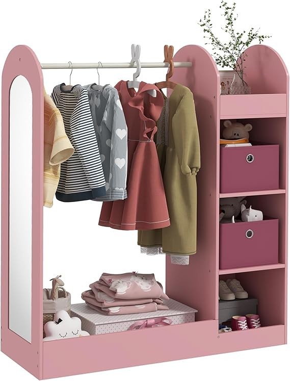 Kids Wardrobe with Mirror & Boxes, Dress Up Rail Pink