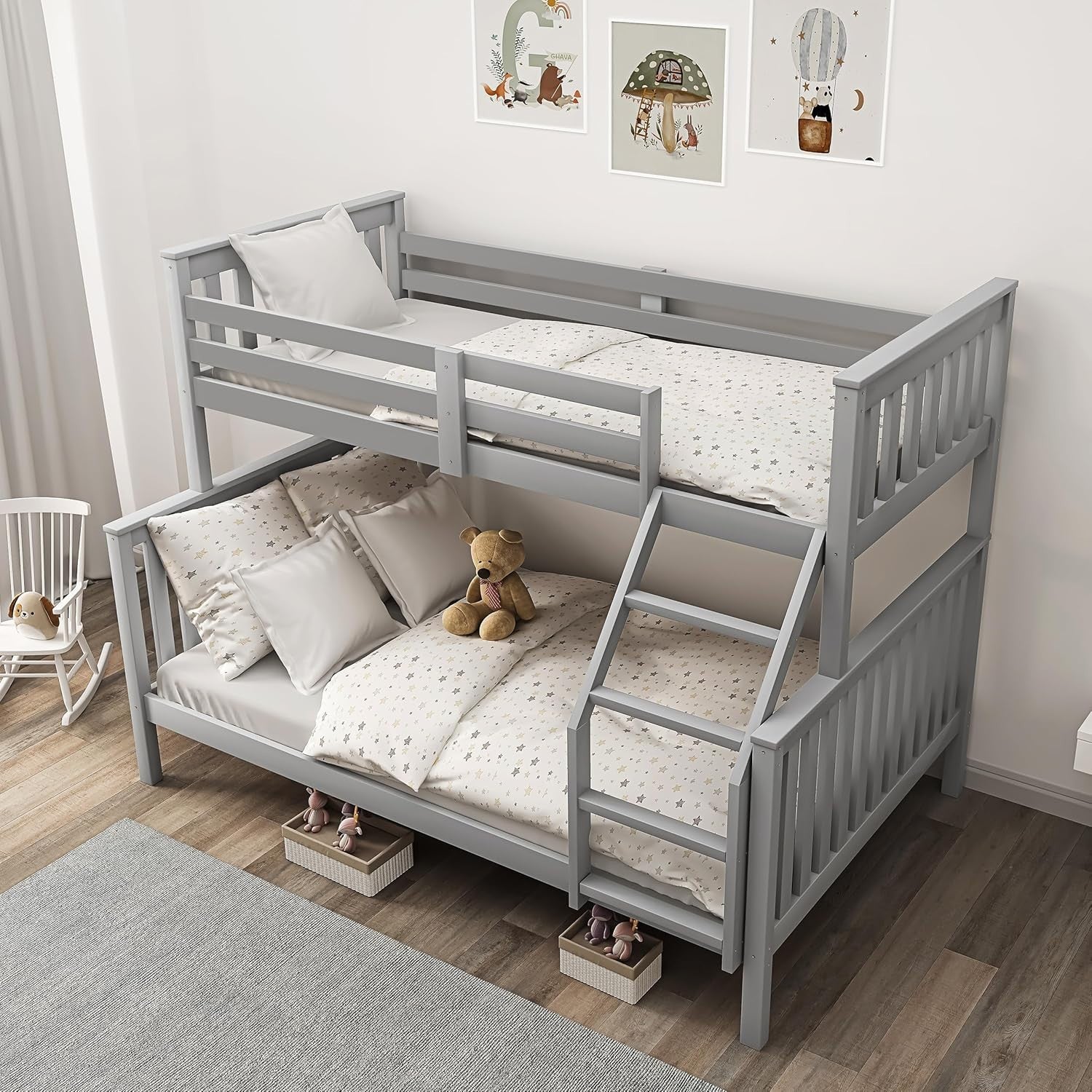 Triple Bunk Bed With 2x Mattress, Wooden Frame 4ft6 & 3ft Kids Sleeper
